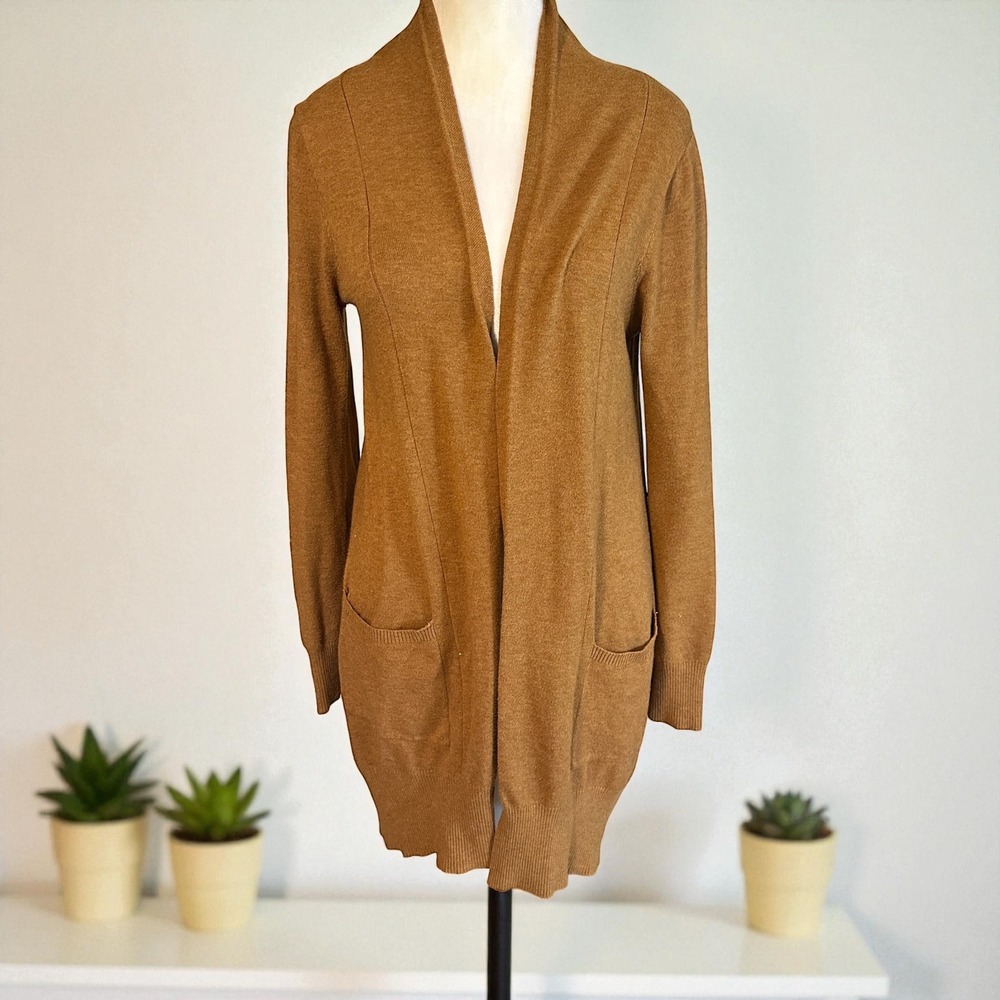Dreamers Long Open Front Cardigan Sweater M/L Camel Brown Pockets